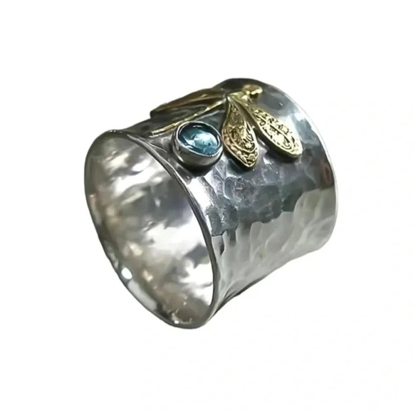 Retro Dragonfly Two Tone Hammered Silver Style Ring 7 - Picture 2 of 4